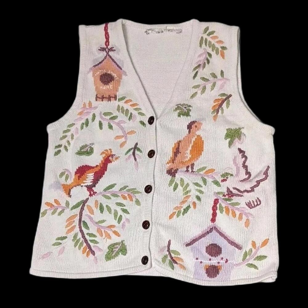 Bird Embroidered Knitted Sweater Vest Womens Size Petite Medium White Birds And - Picture 1 of 10